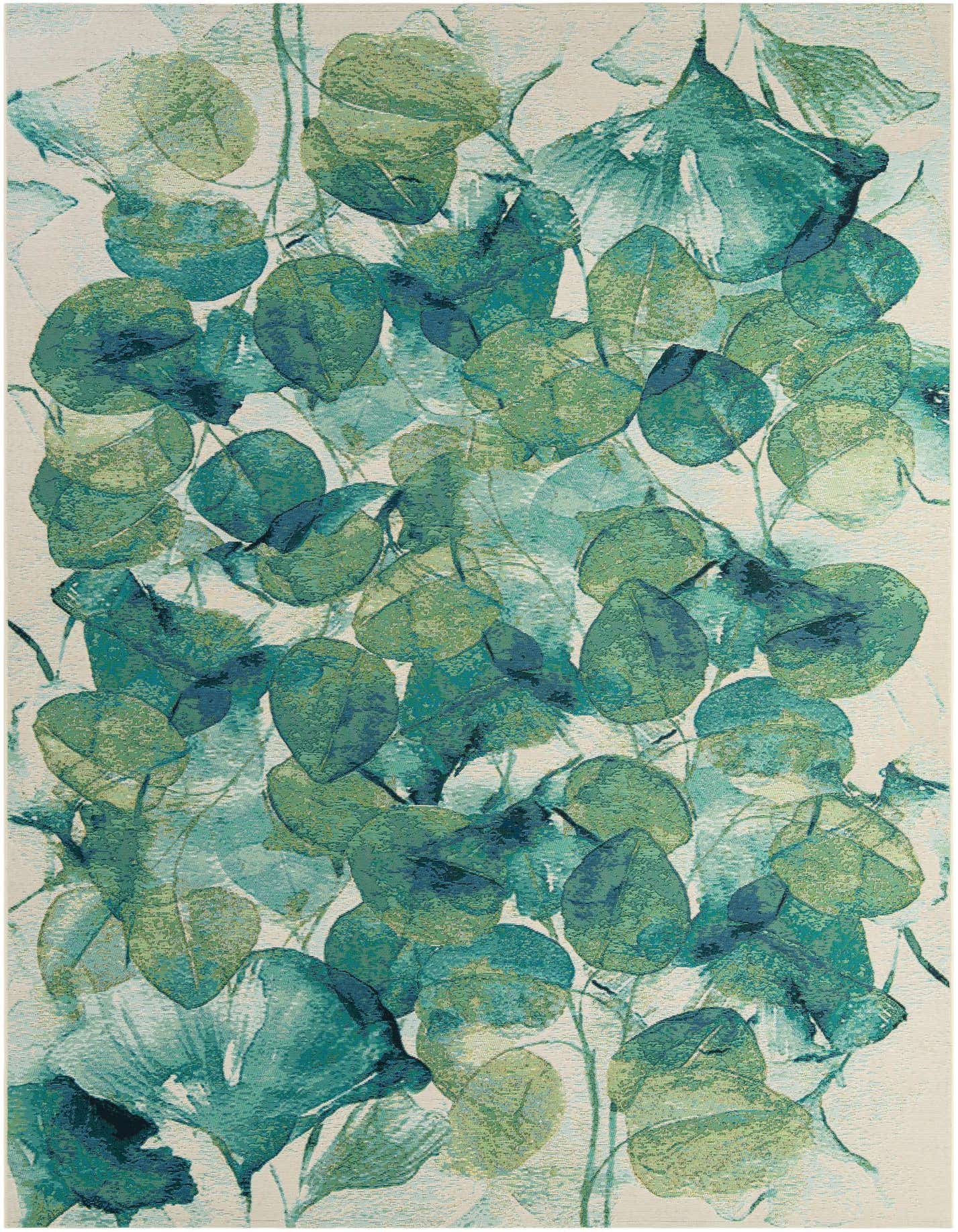 An 8x11 rectangular rug featuring a modern floral pattern of various blue and green leaves on a light background.