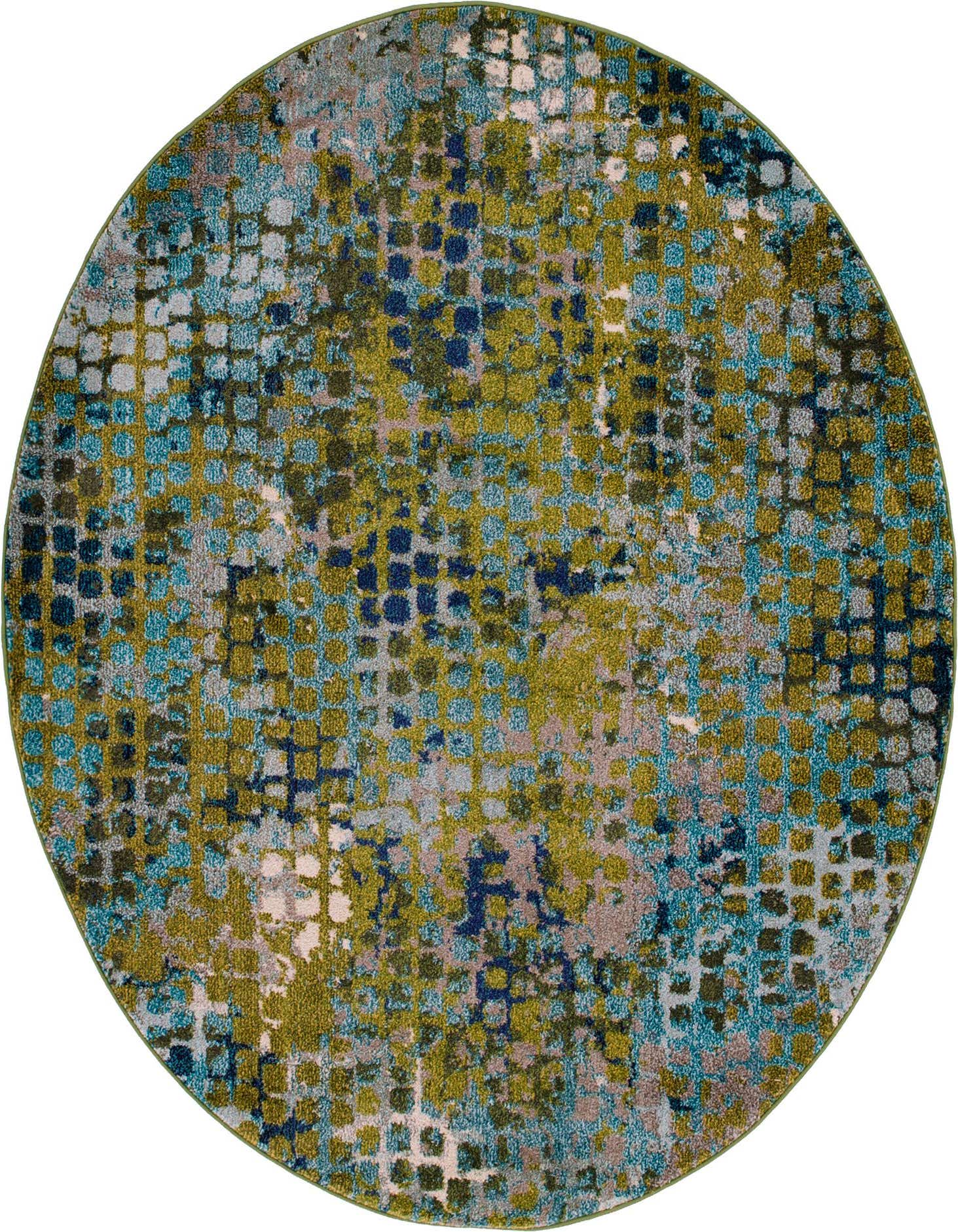 A 6' 0 x 6' 0 round rug featuring an abstract, pixelated pattern in shades of blue, green, and gray.