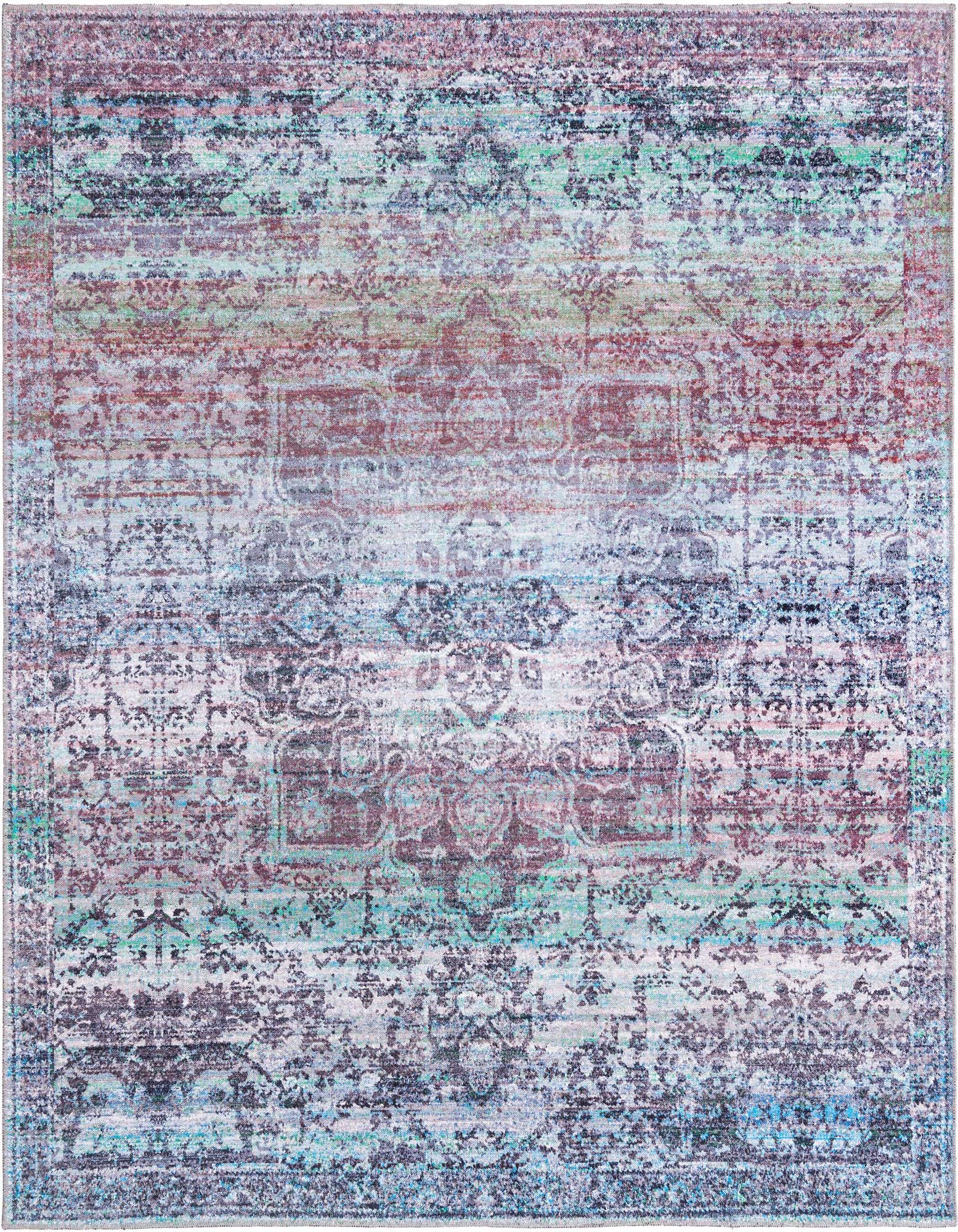 A square Rugs.com Francesca area rug, 7' 3 x 7' 3, featuring a distressed traditional medallion pattern in blues, greens, and hints of red.