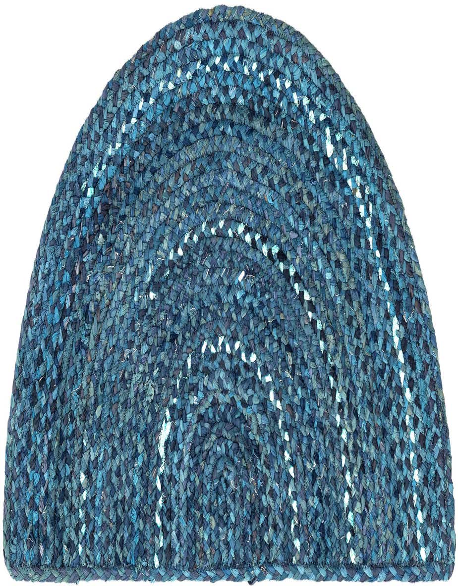 A 2' 2 x 3' 7 hearth-shaped rug in various shades of blue, featuring a braided chindi texture and subtle abstract white accents.