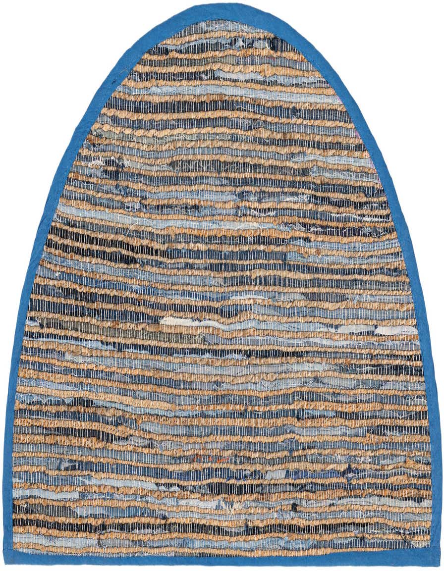 A 2' 2 x 3' 7 hearth-shaped rug featuring a blue border and a flatweave pattern of blue and natural jute fibers.
