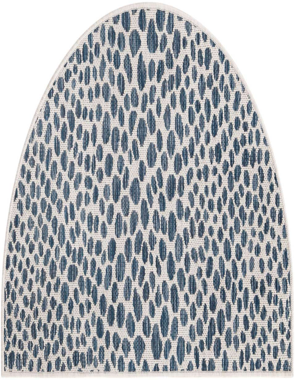 A 2' 2 x 3' 7 hearth-shaped indoor/outdoor rug with a modern blue abstract spotted pattern on a light background.
