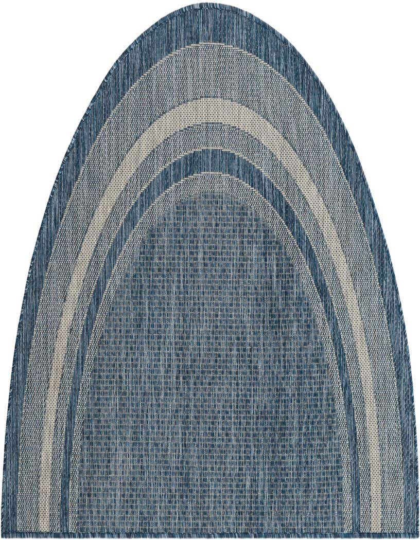 A 3'x6' hearth-shaped indoor/outdoor rug in shades of blue with a light blue and grey striped border.