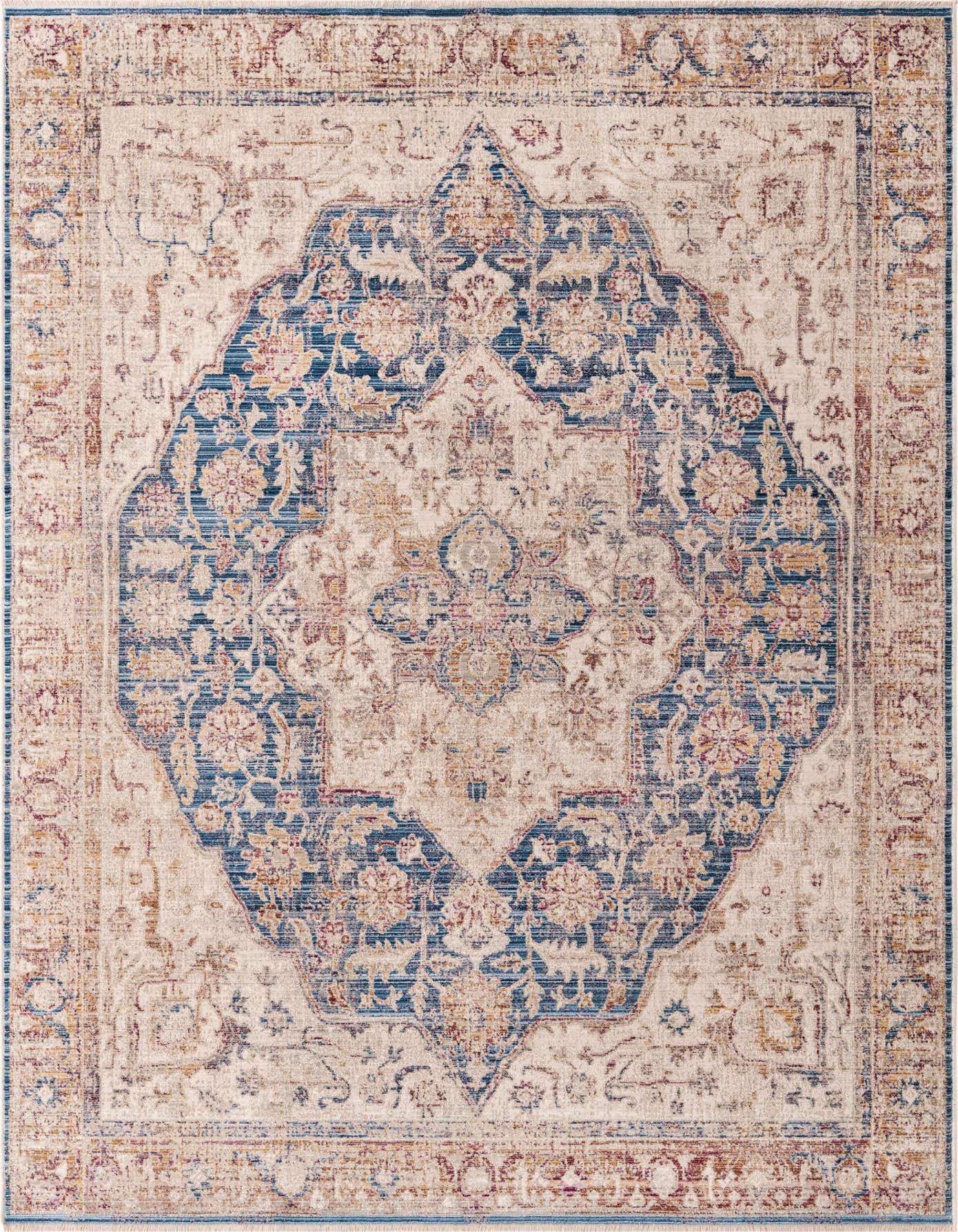A 6x9 rectangular Deepa rug featuring a distressed traditional medallion pattern in shades of blue, ivory, cream, and subtle gold.