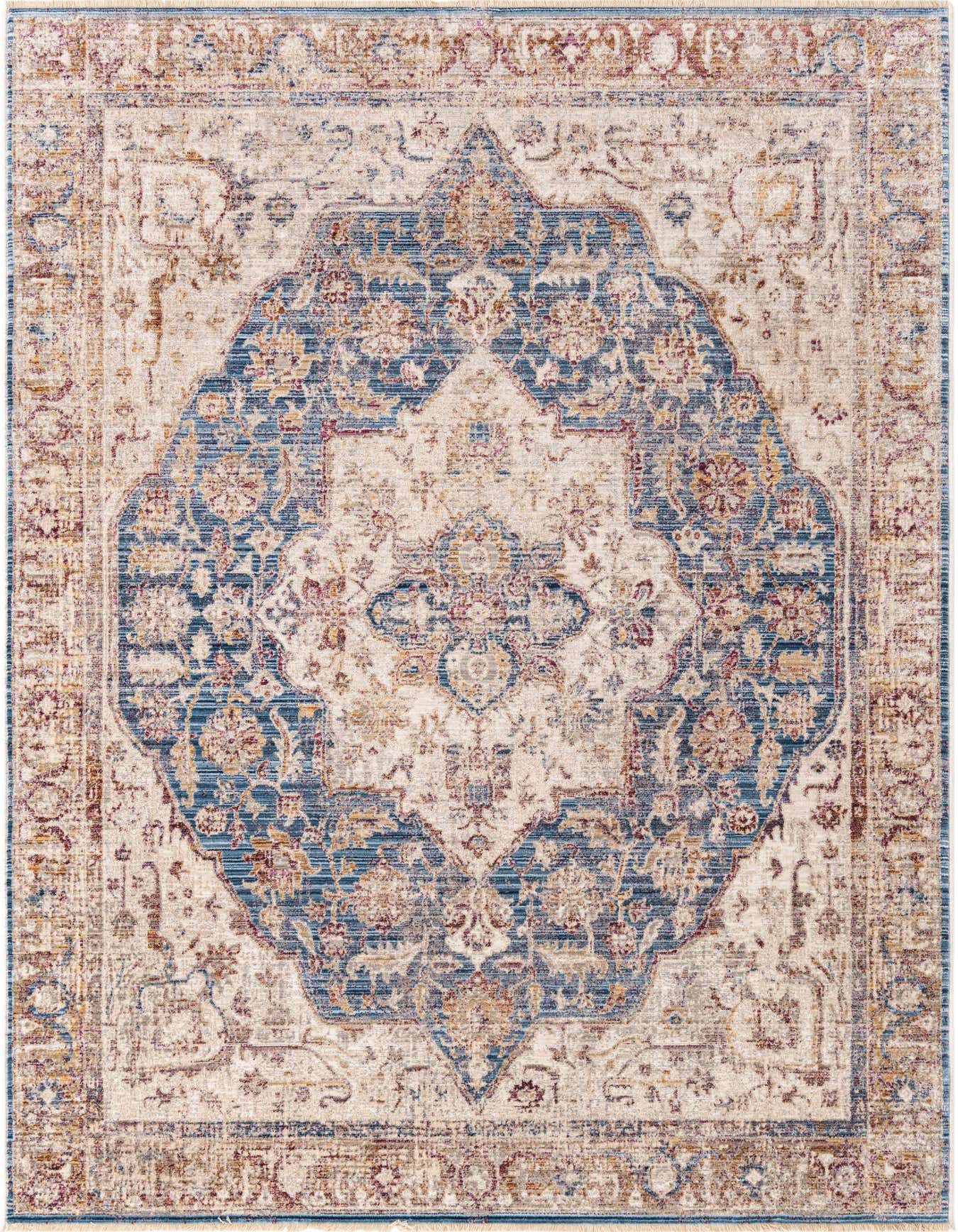 A 5x8 rectangular Deepa rug featuring a distressed blue medallion on an ivory and cream background with traditional oriental patterns.