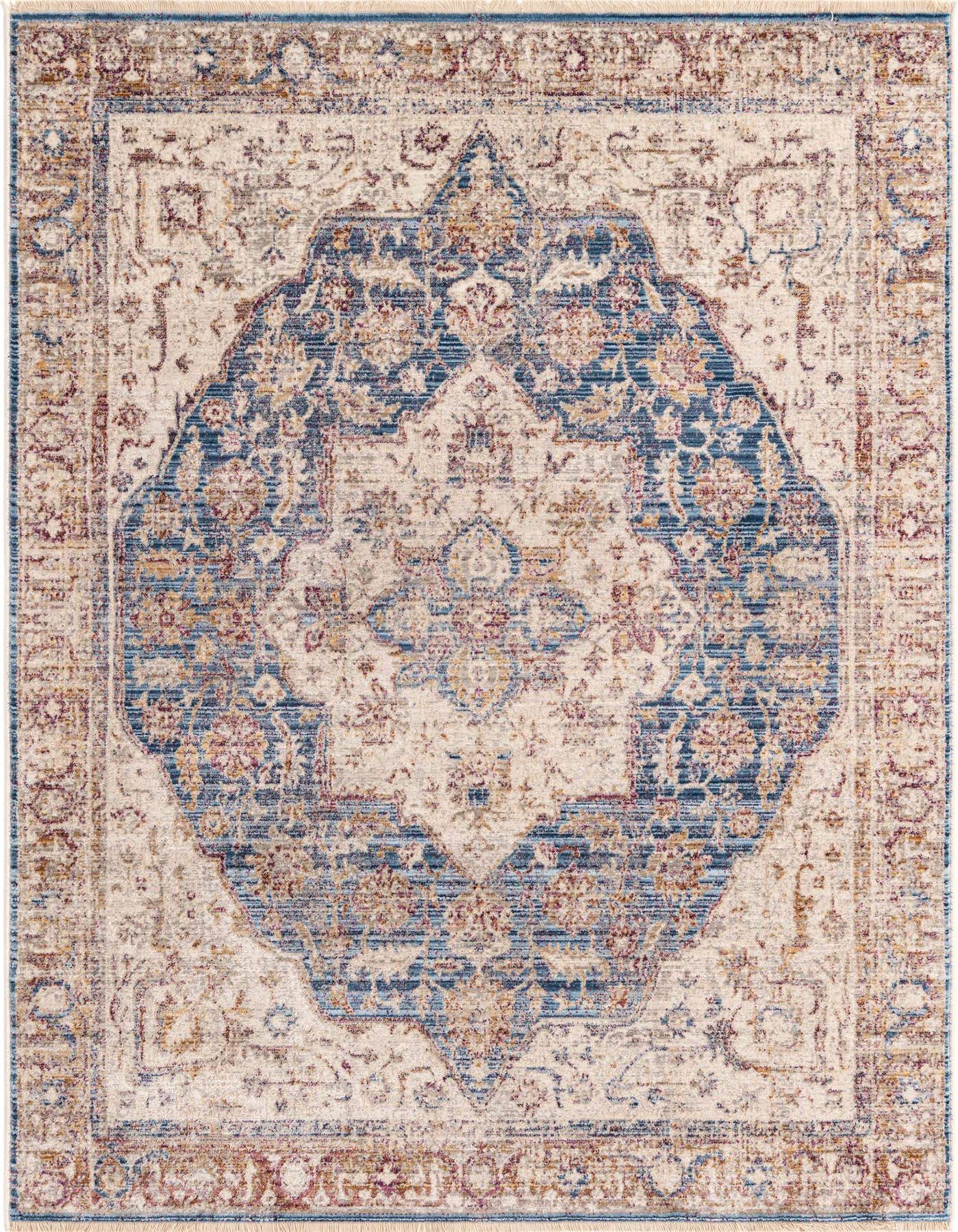 A 4x6 rectangular Deepa rug featuring a distressed traditional medallion pattern in blues, ivories, and creams.