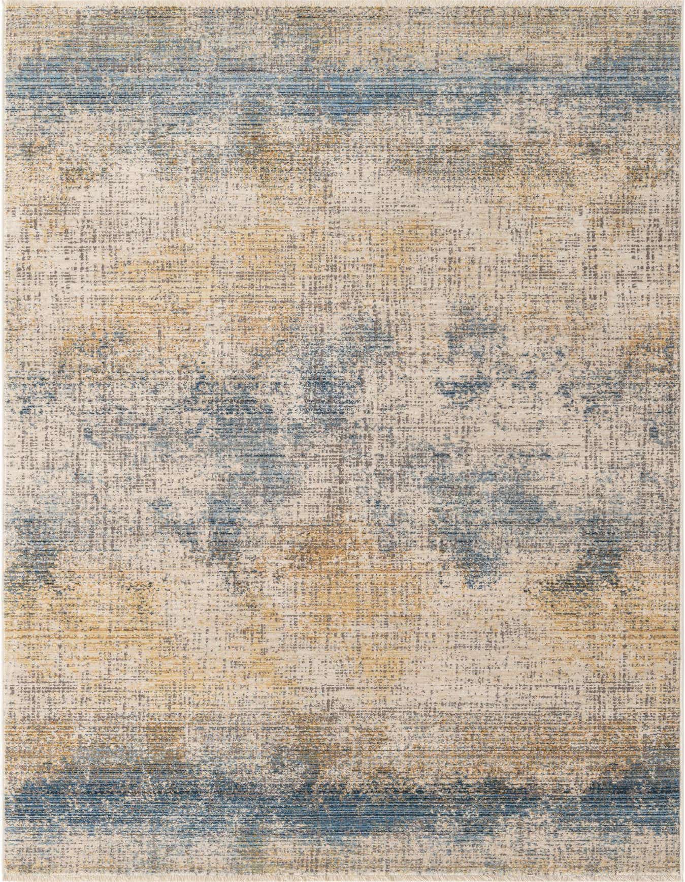 A rectangular 5x8 Deepa area rug featuring an abstract blend of blues, ivories, and creams, with a flat, textured pile.