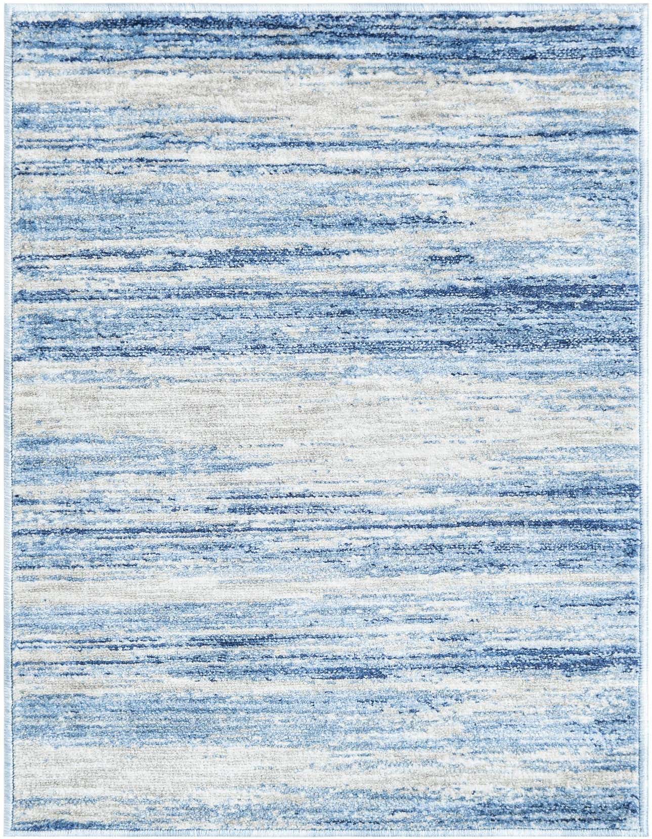 A 2x3 rectangular Gabbeh rug featuring horizontal stripes in varying shades of blue, ivory, and cream, creating a modern coastal look.