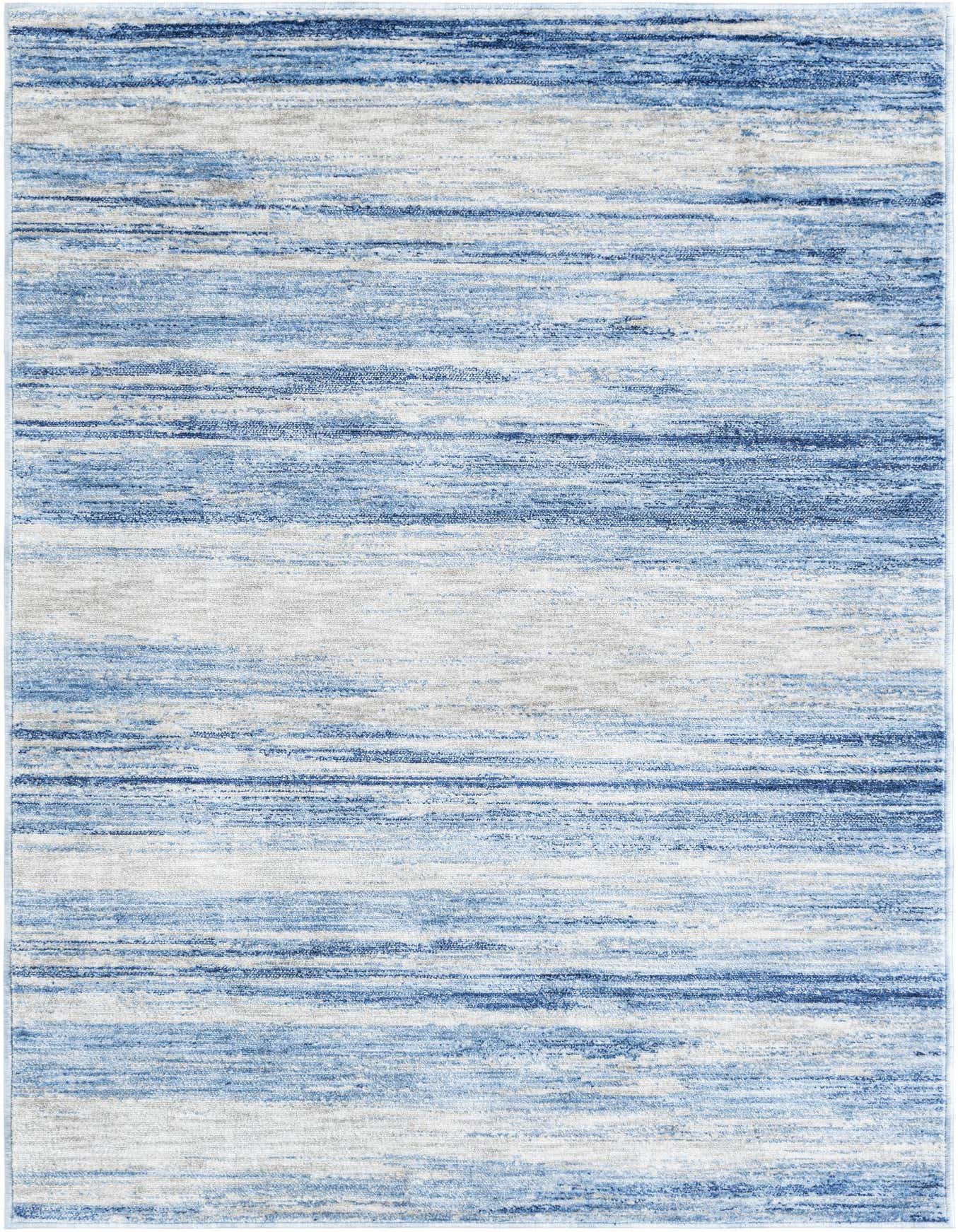 A 4x6 rectangular Gabbeh area rug featuring a modern coastal design with horizontal stripes in various shades of blue, ivory, and white.