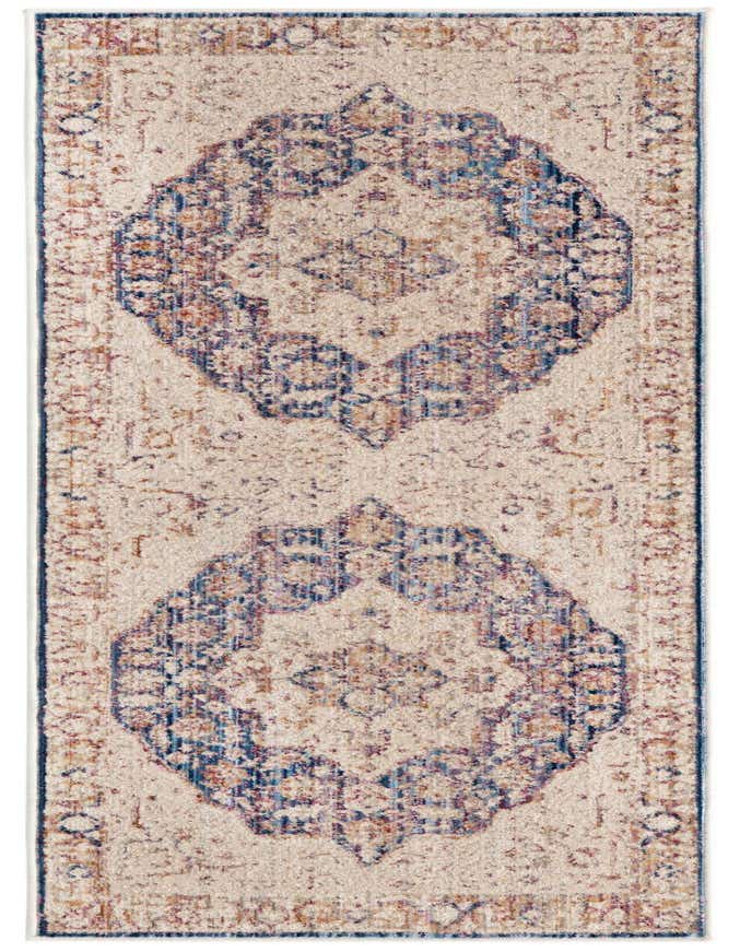 A 6 ft runner rug with a distressed traditional medallion pattern in blues, ivories, and creams, ideal for a hallway.