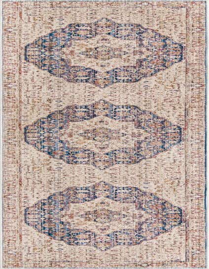 A 12 ft runner rug featuring a distressed traditional medallion pattern in shades of blue, ivory, and cream, ideal for a hallway.