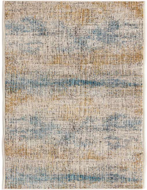 A Deepa 8 Ft runner rug with an abstract pattern in blues, ivories, and subtle gold tones, ideal for a hallway.