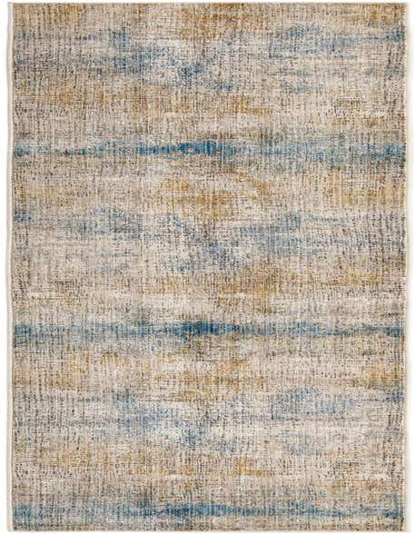 A 12 ft runner rug from the Deepa collection, featuring an abstract distressed pattern in blues, ivories, and creams.