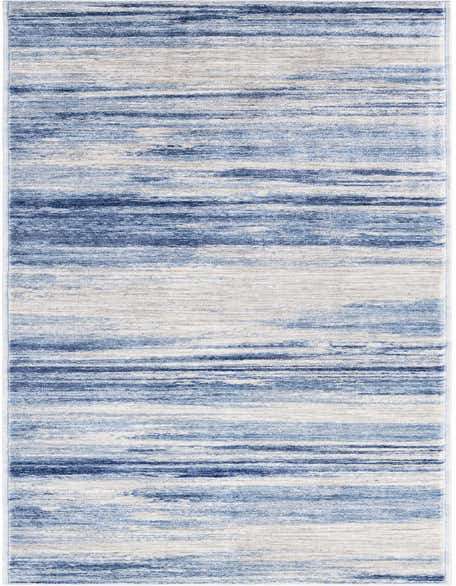 A 12 ft runner rug featuring an abstract, horizontal stripe pattern in varying shades of blue, ivory, and cream, ideal for a hallway.