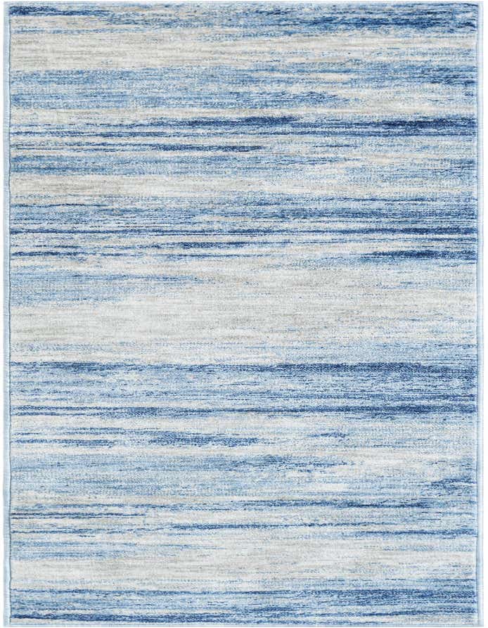 A 6 ft runner rug with a modern coastal design, featuring horizontal stripes in varying shades of blue, ivory, and cream.