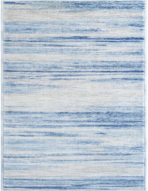An 8 ft runner rug with a modern coastal design, featuring horizontal stripes in varying shades of blue, ivory, and white.