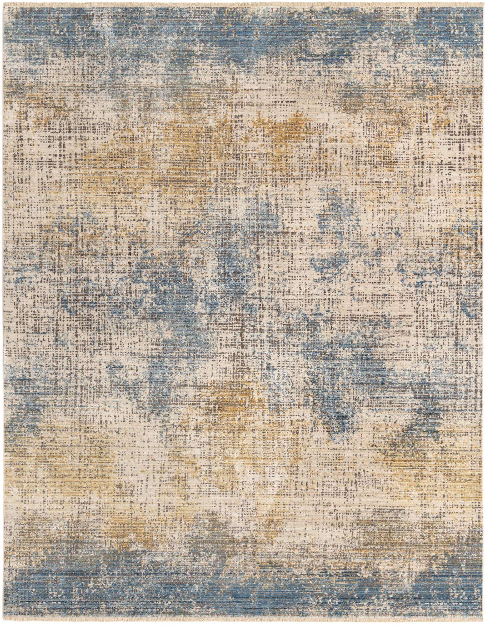 A square Deepa Collection rug featuring an abstract distressed pattern in shades of blue, ivory, and gold.