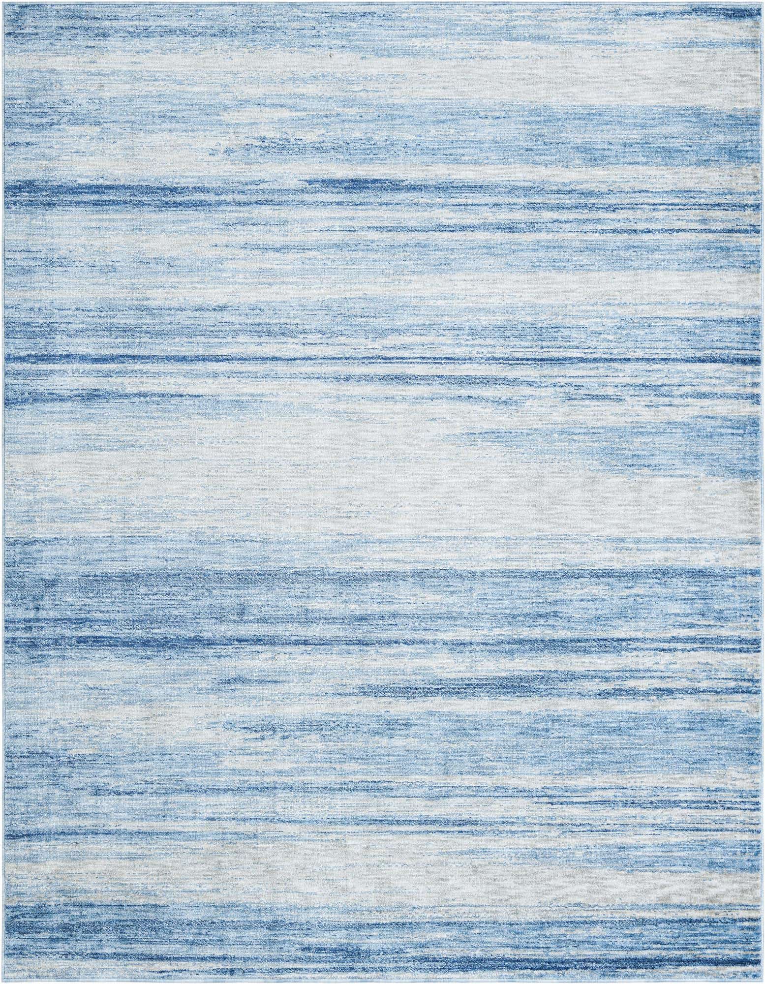 A square 7' 10 x 7' 10 Gabbeh rug featuring horizontal stripes in varying shades of blue, ivory, and white, perfect for a modern living room.