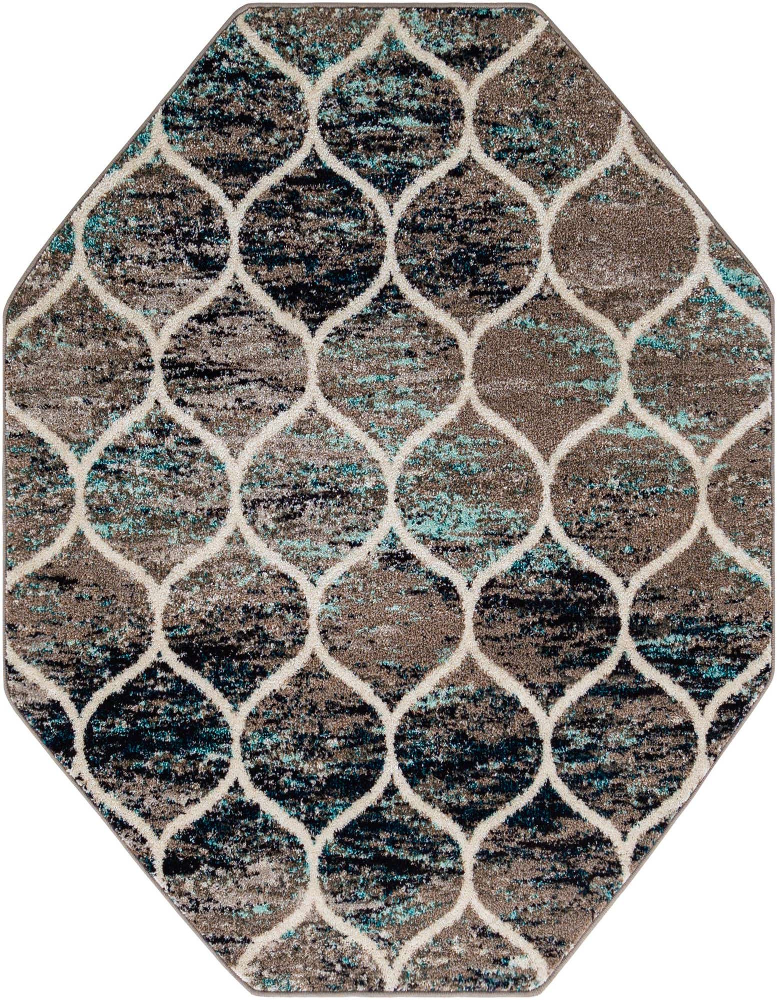Octagon-shaped modern area rug featuring a distressed trellis pattern in shades of blue, brown, and cream.