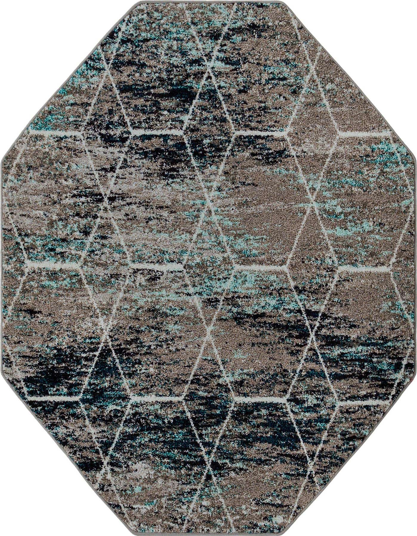 Octagon rug, 5'3" x 5'3", with a modern trellis pattern in blues, grays, and black, on a white background.