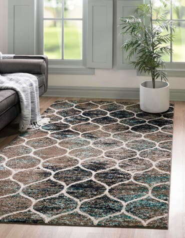  Custom Blue Multi Lattice Frieze Rug