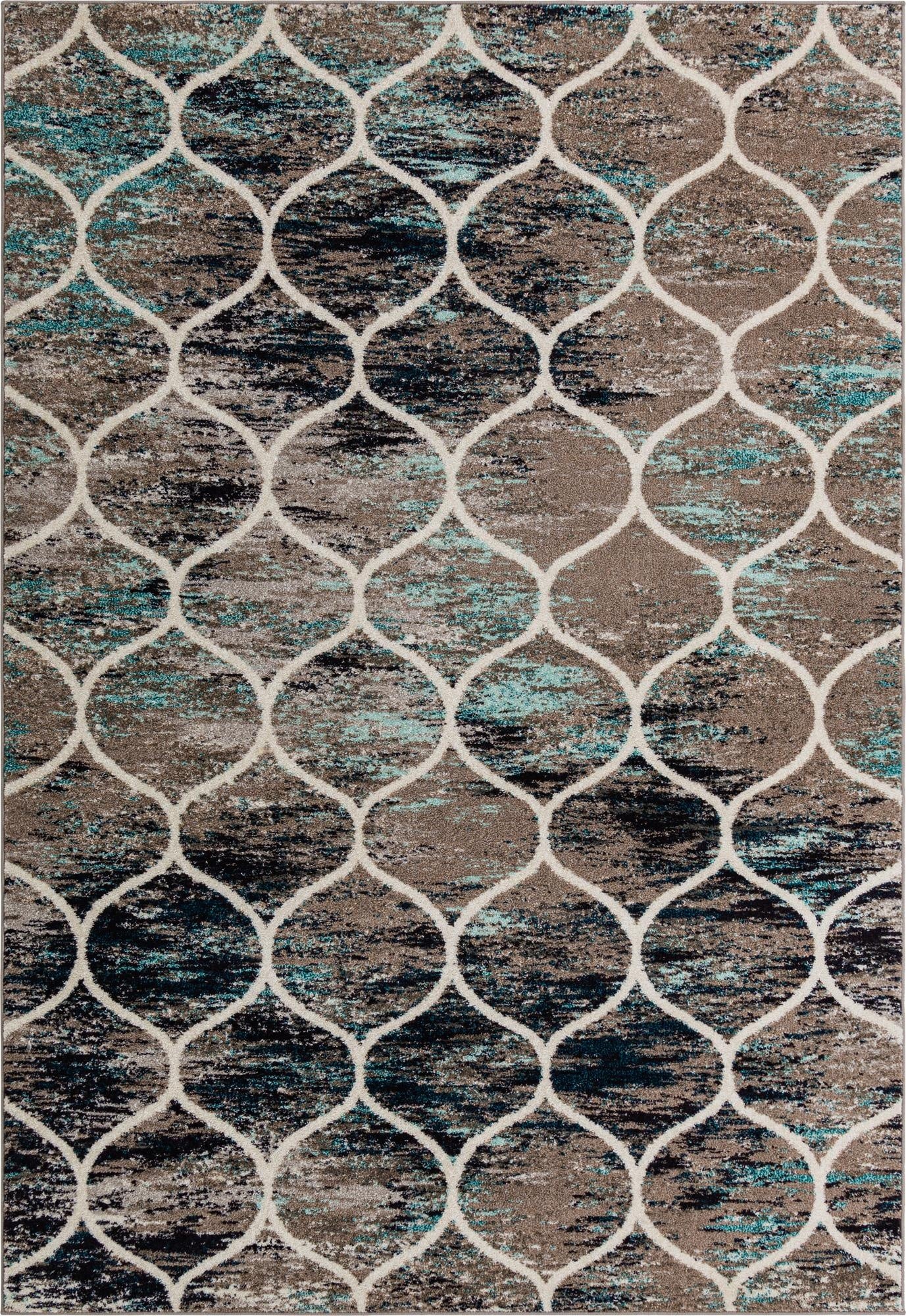 A 7x10 rectangular Rugs.com Lattice Frieze rug featuring a modern trellis pattern in blues, browns, and black.