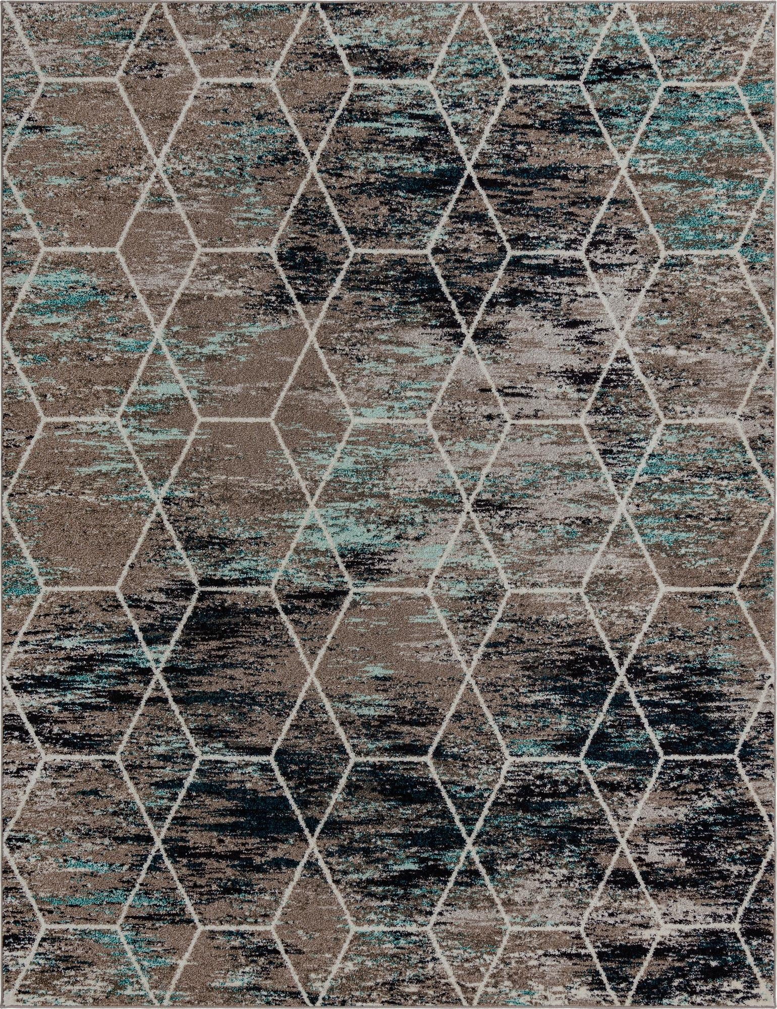 A rectangular 8x10 modern area rug featuring a multi-colored abstract pattern with blue, brown, and black tones, overlaid with a white geometric trellis design.
