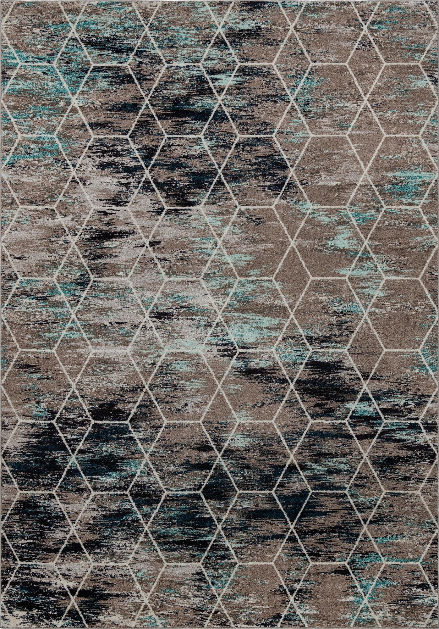 A 10x14 rectangular indoor rug featuring a modern trellis pattern in shades of blue, black, and brown.