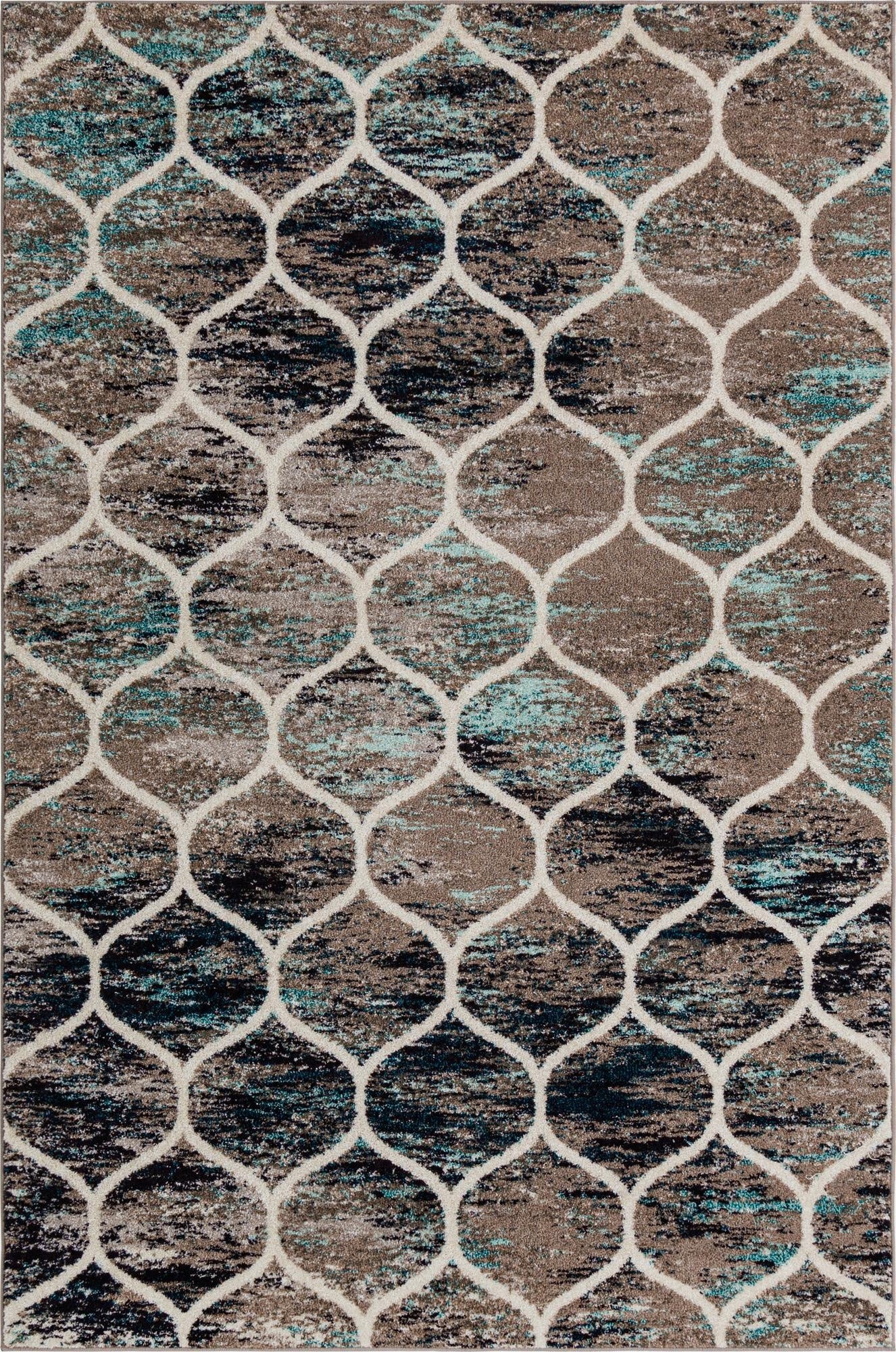 A 6x9 rectangular modern trellis rug featuring an abstract pattern in shades of blue, brown, and black, with a thin pile.