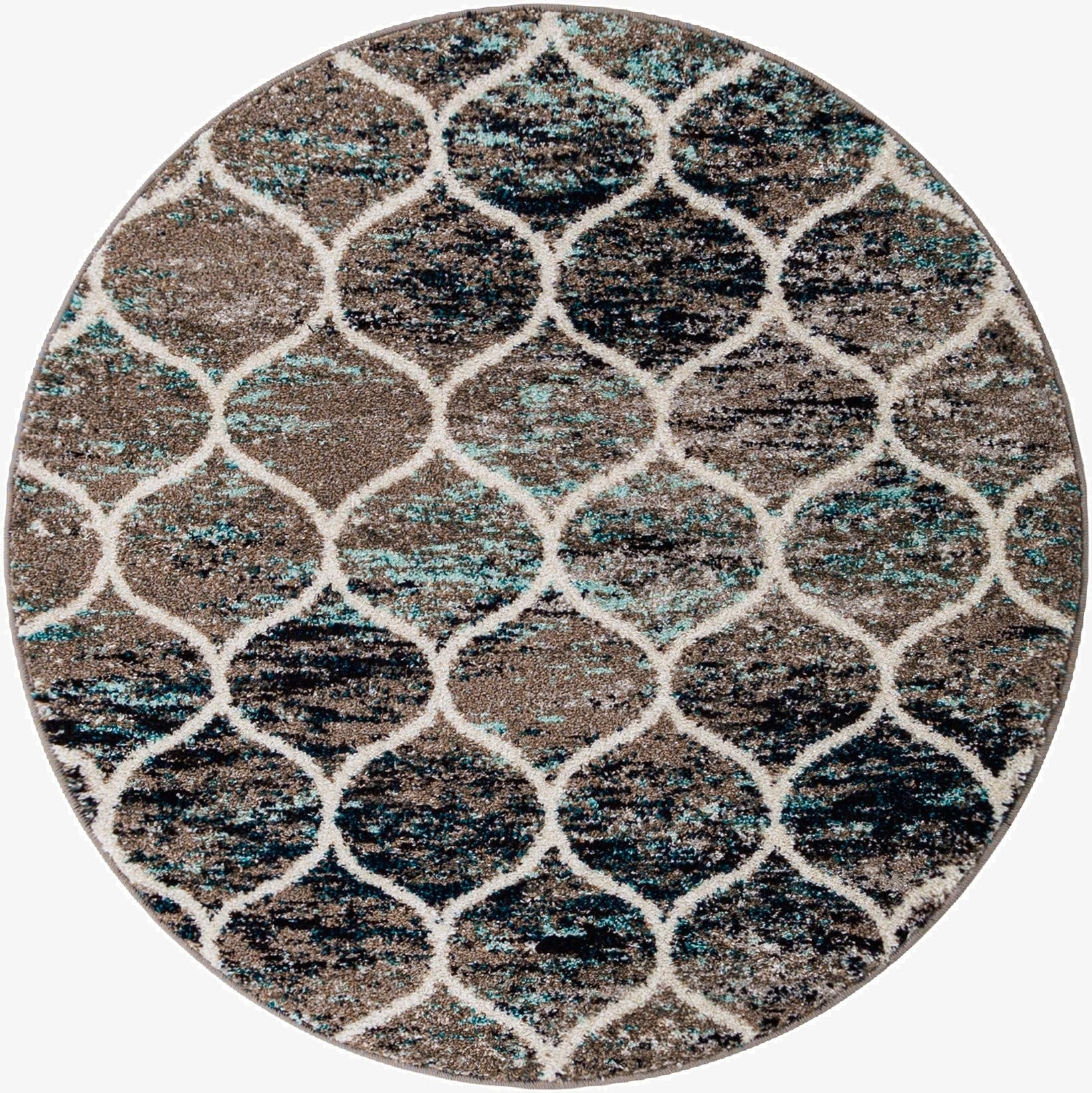 A 4' 0 x 4' 0 round blue and multi-colored modern trellis rug with a thin pile, ideal for indoor spaces.