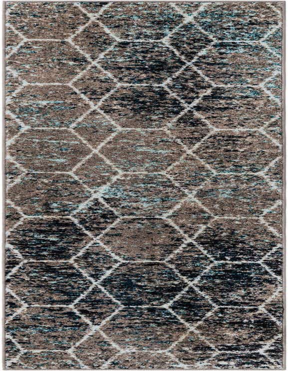 A 7 ft runner rug in a modern trellis pattern with shades of blue, brown, and black, ideal for a hallway.