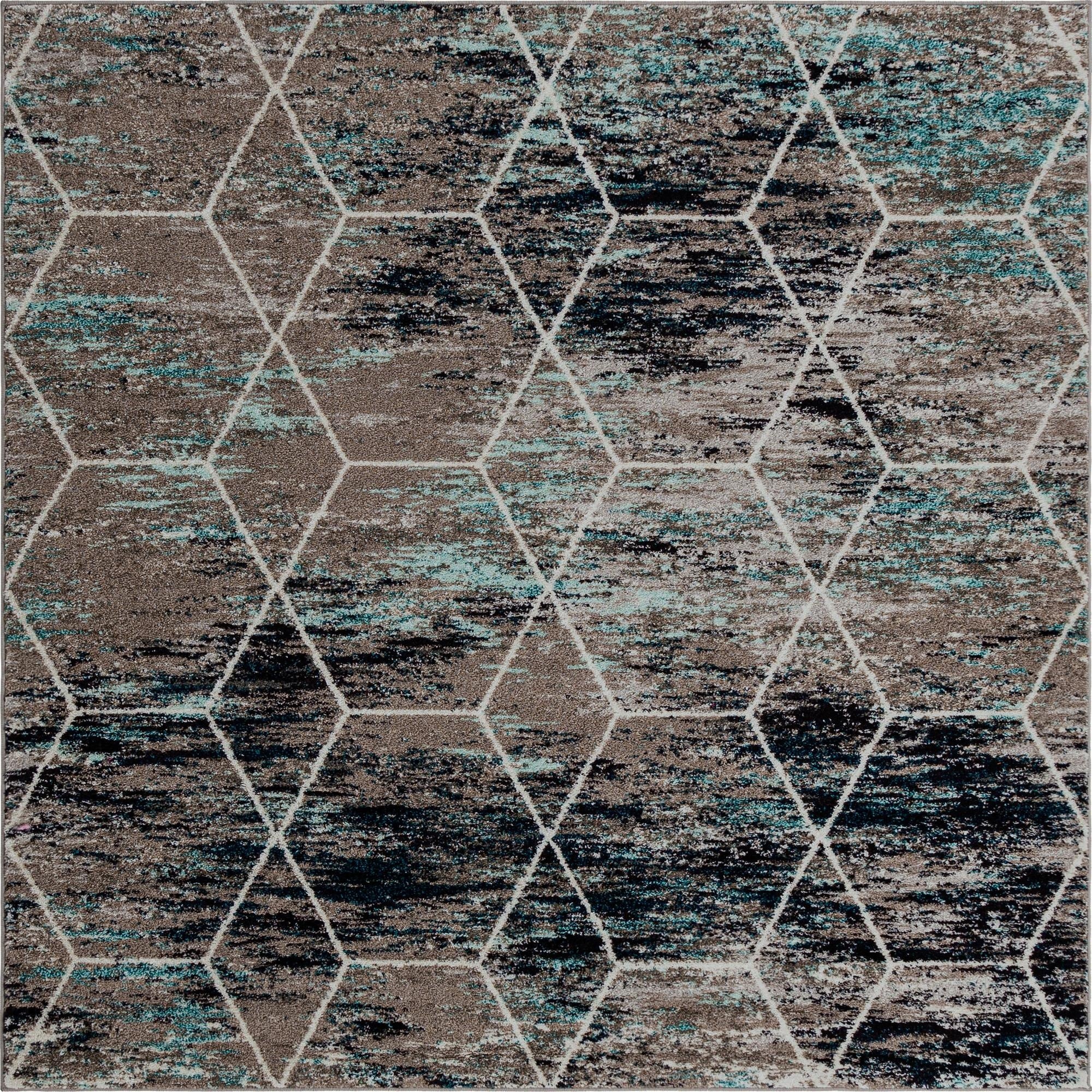 A 7x7 square modern area rug featuring a distressed blue, black, and brown abstract pattern with a white geometric trellis overlay.