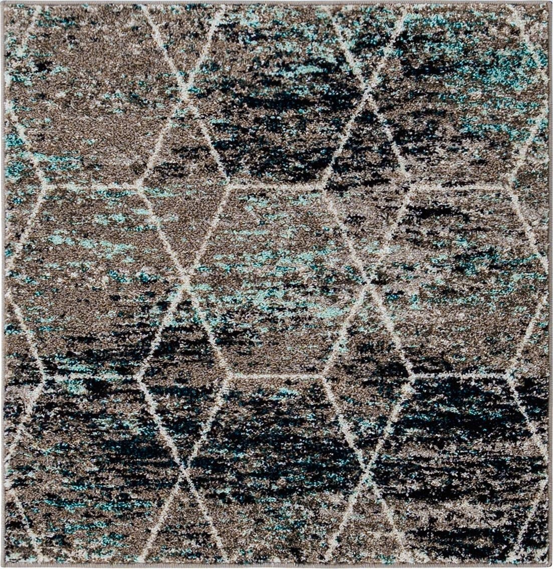 A 3'x3' square modern rug with a distressed blue, black, and brown abstract pattern and a white geometric trellis overlay.