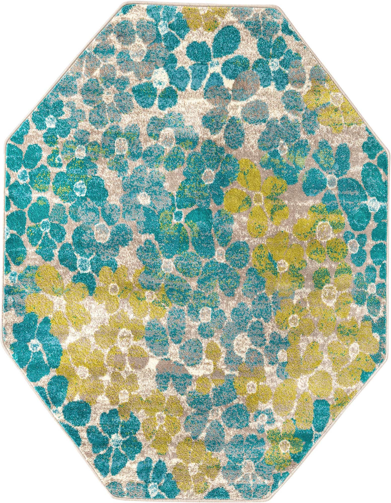 An octagonal Azalea rug featuring a modern botanical pattern of teal, lime green, and beige flowers on a light background.