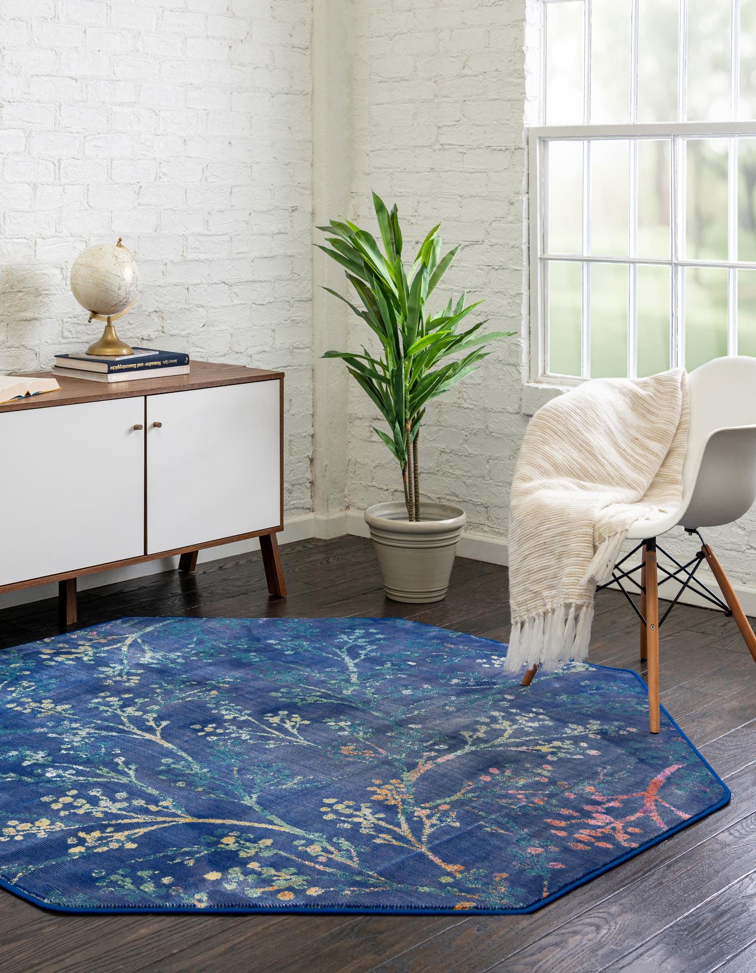 Blue 6' x 6' Sable Blossom Octagon Rug | Rugs.com