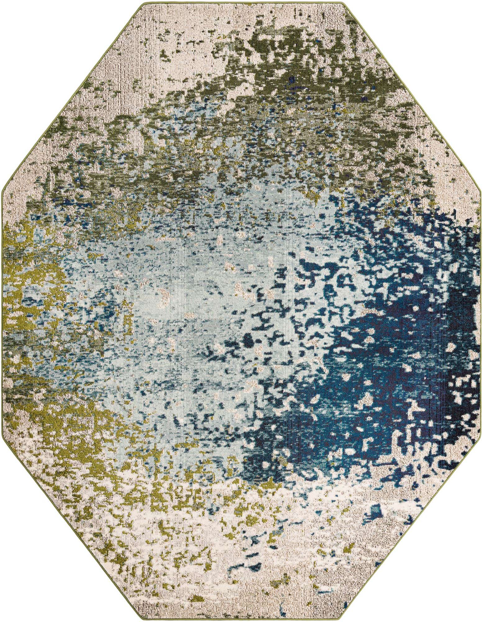 An 8' 0 x 8' 0 octagon rug with an abstract pattern in varying shades of blue, green, and cream.