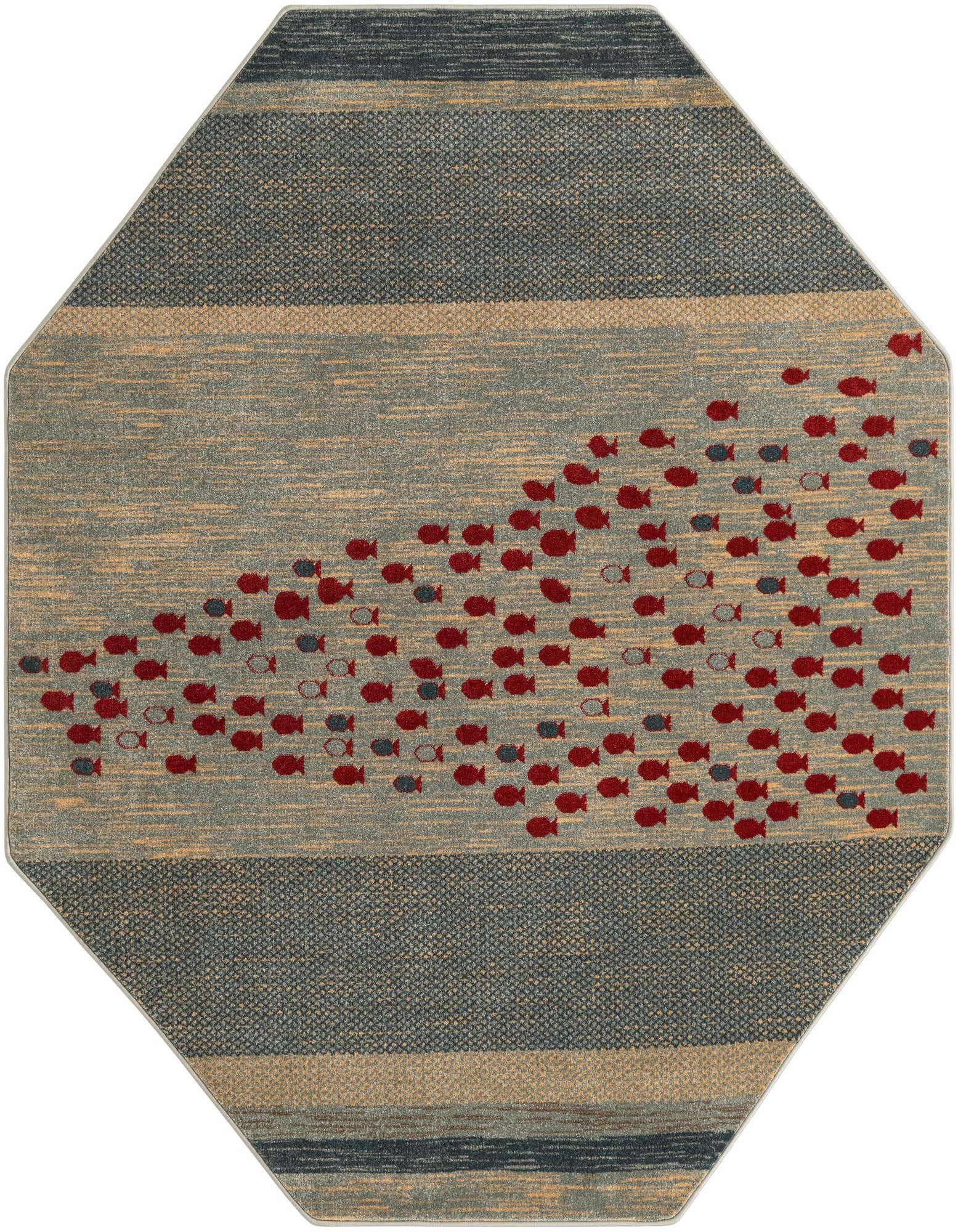 Octagon blue area rug with a school of red and gray fish swimming across a striped pattern, perfect for a coastal or mid-century room.