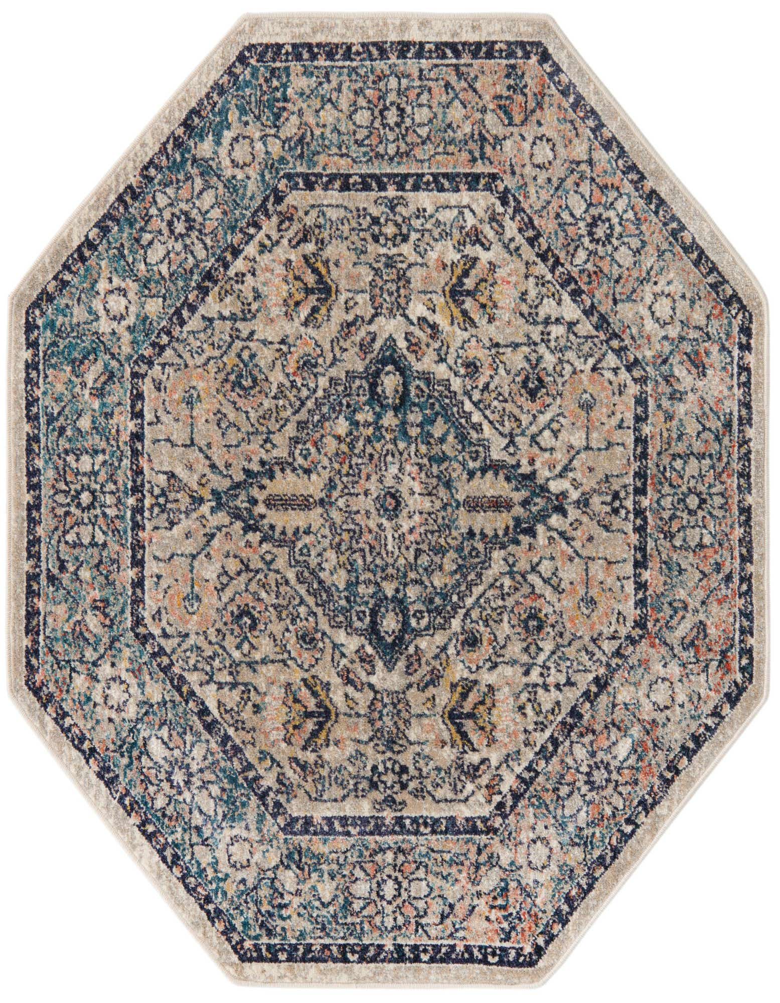 4' 0 x 4' 0 octagon rug with a distressed bohemian medallion pattern in shades of blue, beige, and orange.