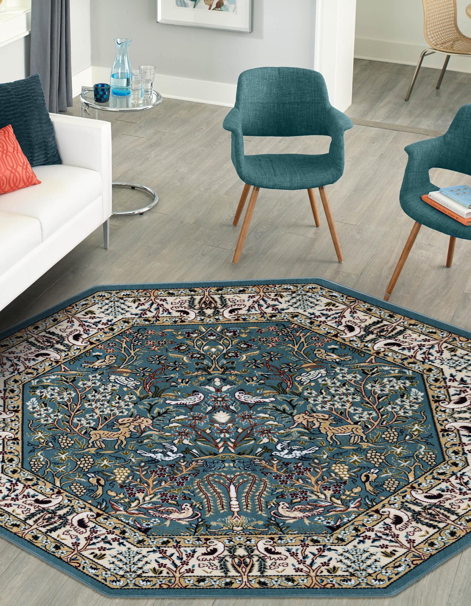 Blue 6' x 6' Nain Design Octagon Rug | Rugs.com