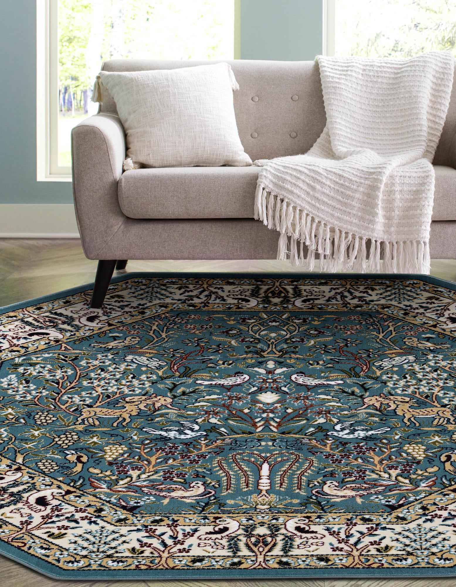 Blue 6' x 6' Nain Design Octagon Rug | Rugs.com