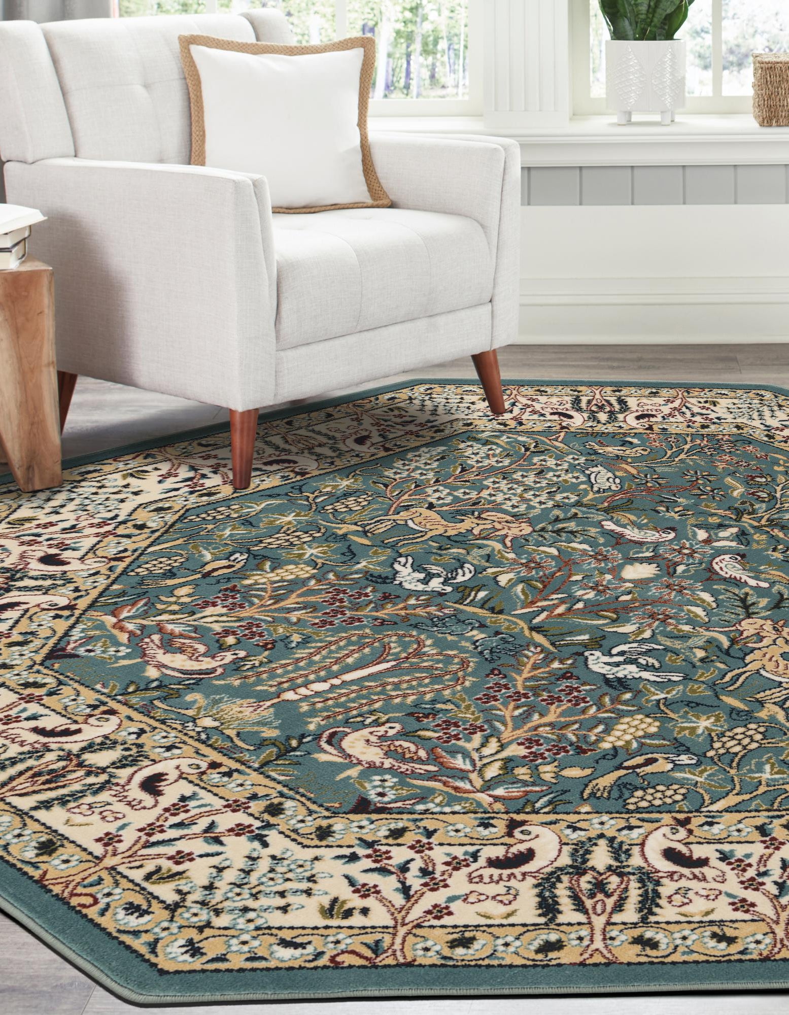 Blue 6' x 6' Nain Design Octagon Rug | Rugs.com