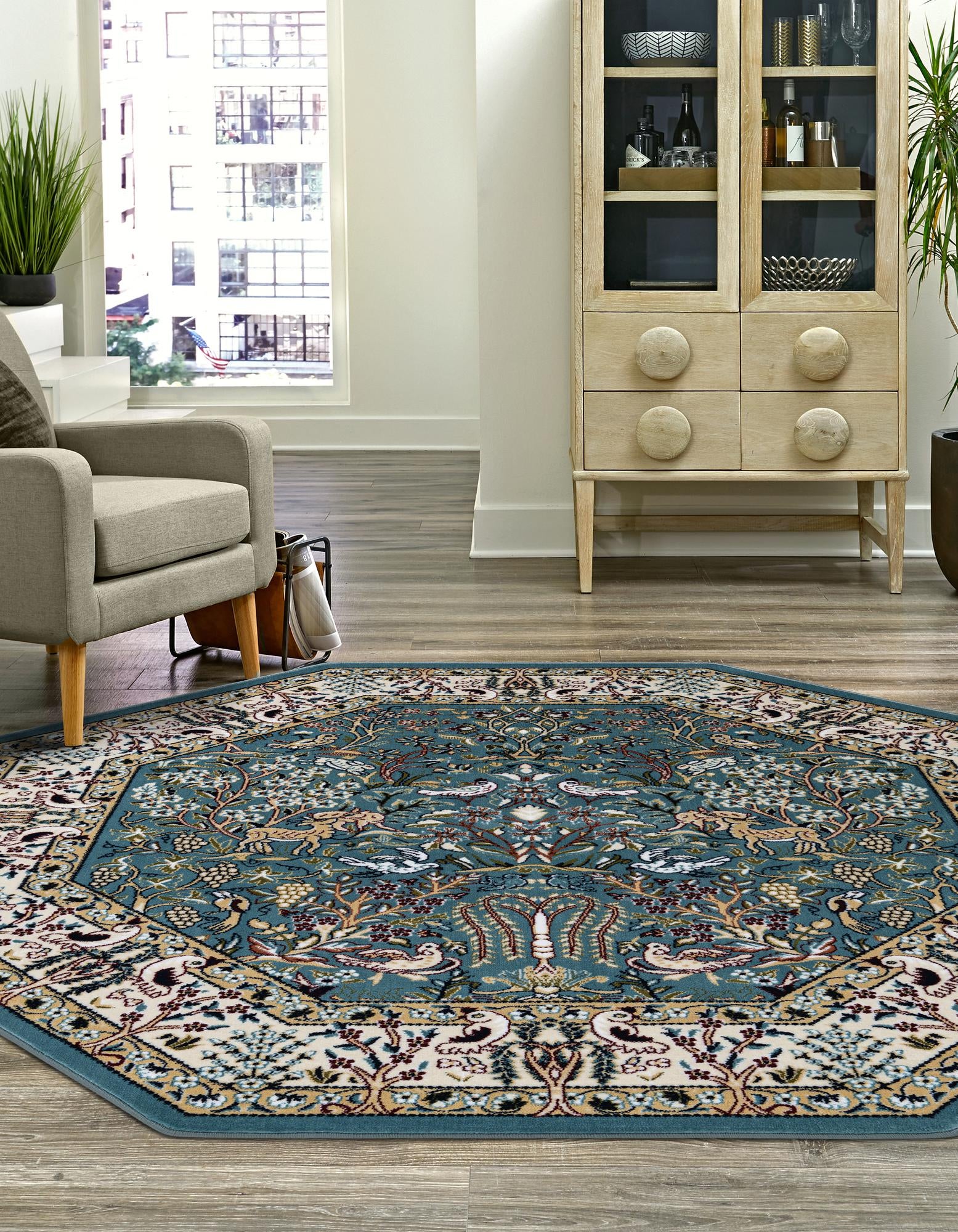 Blue 6' x 6' Nain Design Octagon Rug | Rugs.com