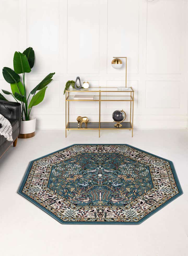 Blue 6' x 6' Nain Design Octagon Rug | Rugs.com