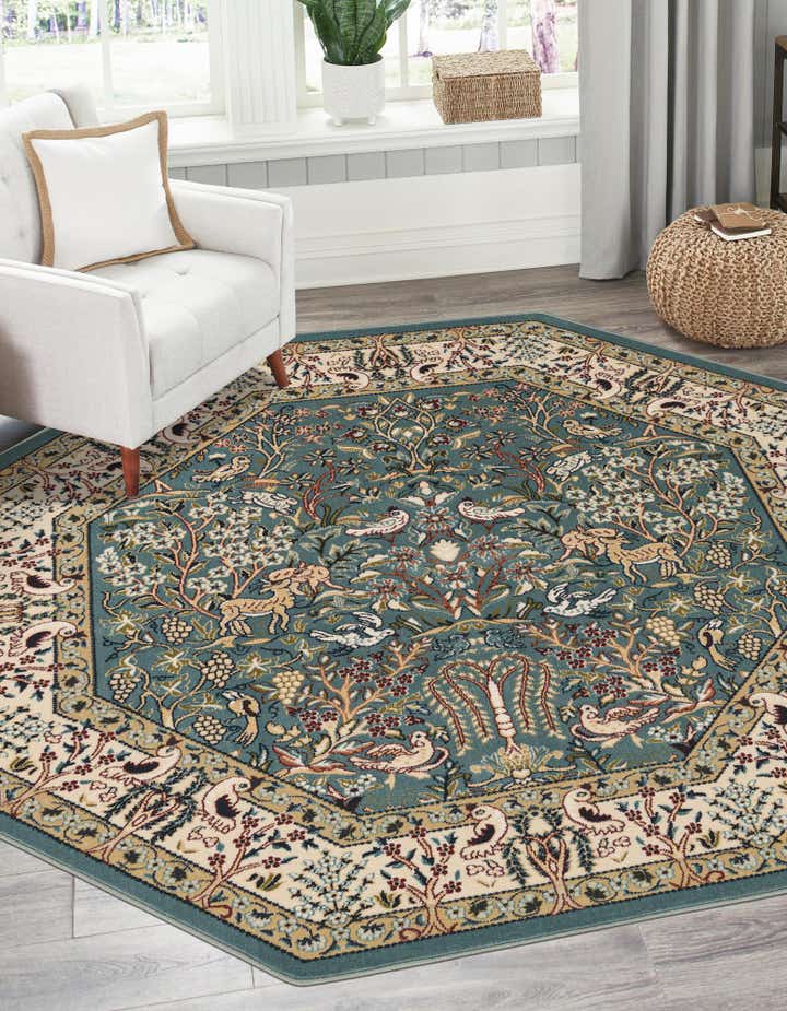 Blue 6' x 6' Nain Design Octagon Rug | Rugs.com