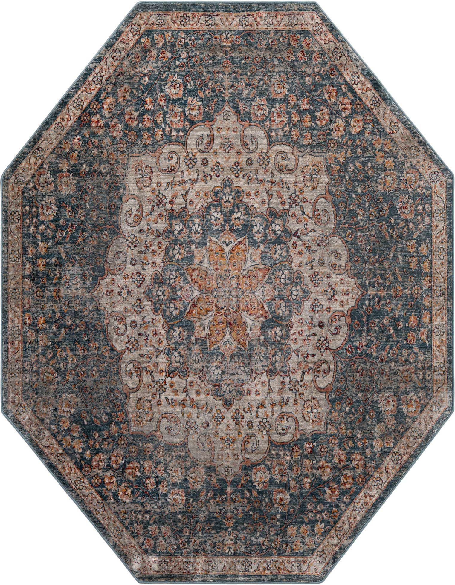 Octagon-shaped Newport rug by Rugs.com, featuring a vintage Oriental pattern in blues, creams, and oranges.