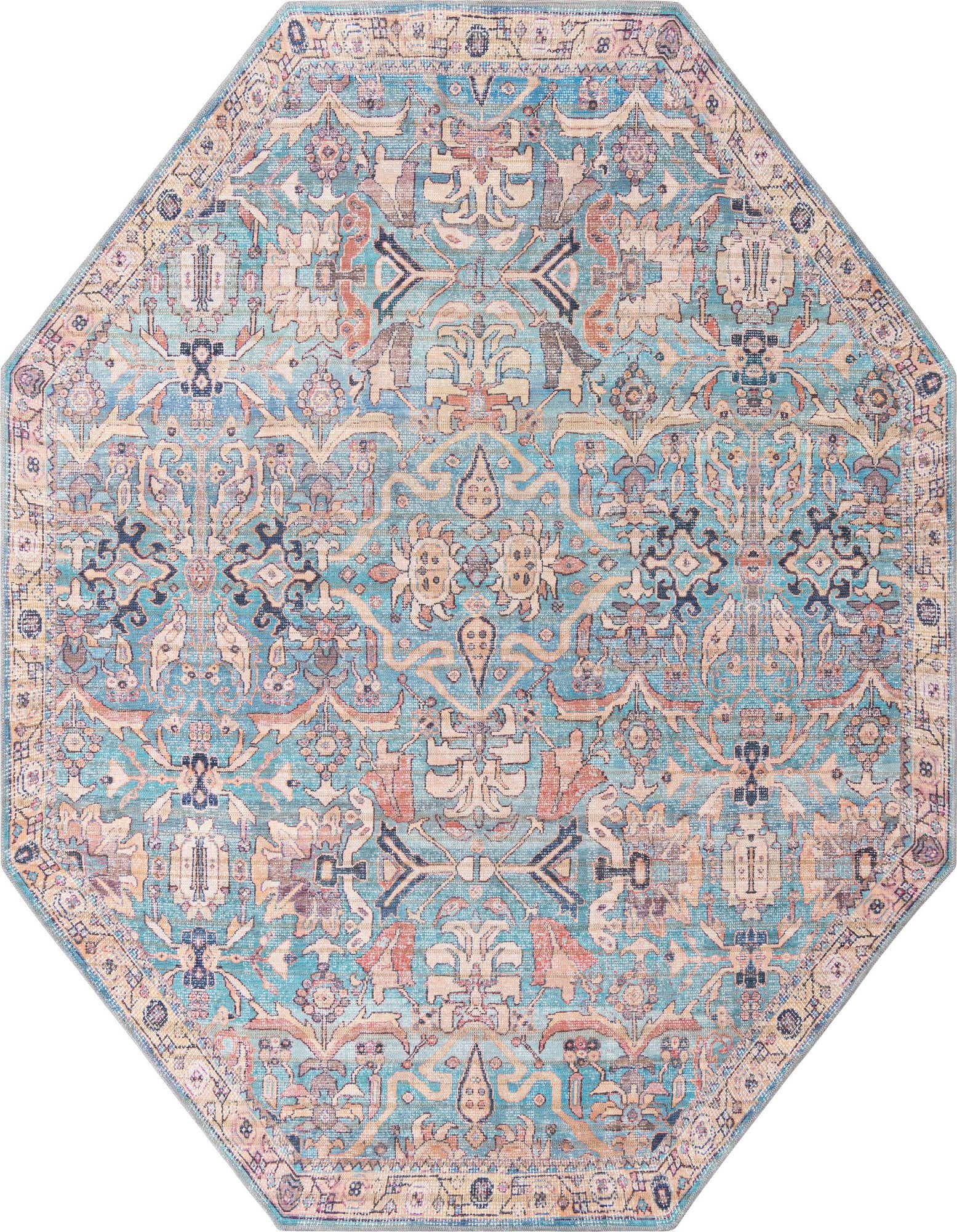 An 7' 10 x 7' 10 octagon rug from the Nostalgia Collection, featuring a distressed traditional floral and tribal pattern in various shades of blue, beige, and terracotta.