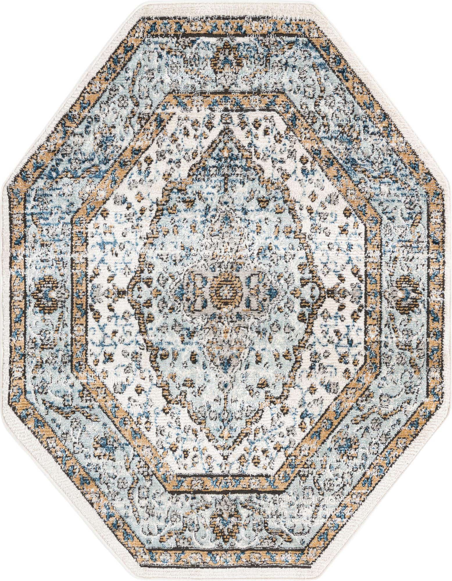An octagonal Nyla Collection rug featuring a distressed traditional medallion pattern in shades of blue, cream, and gold.