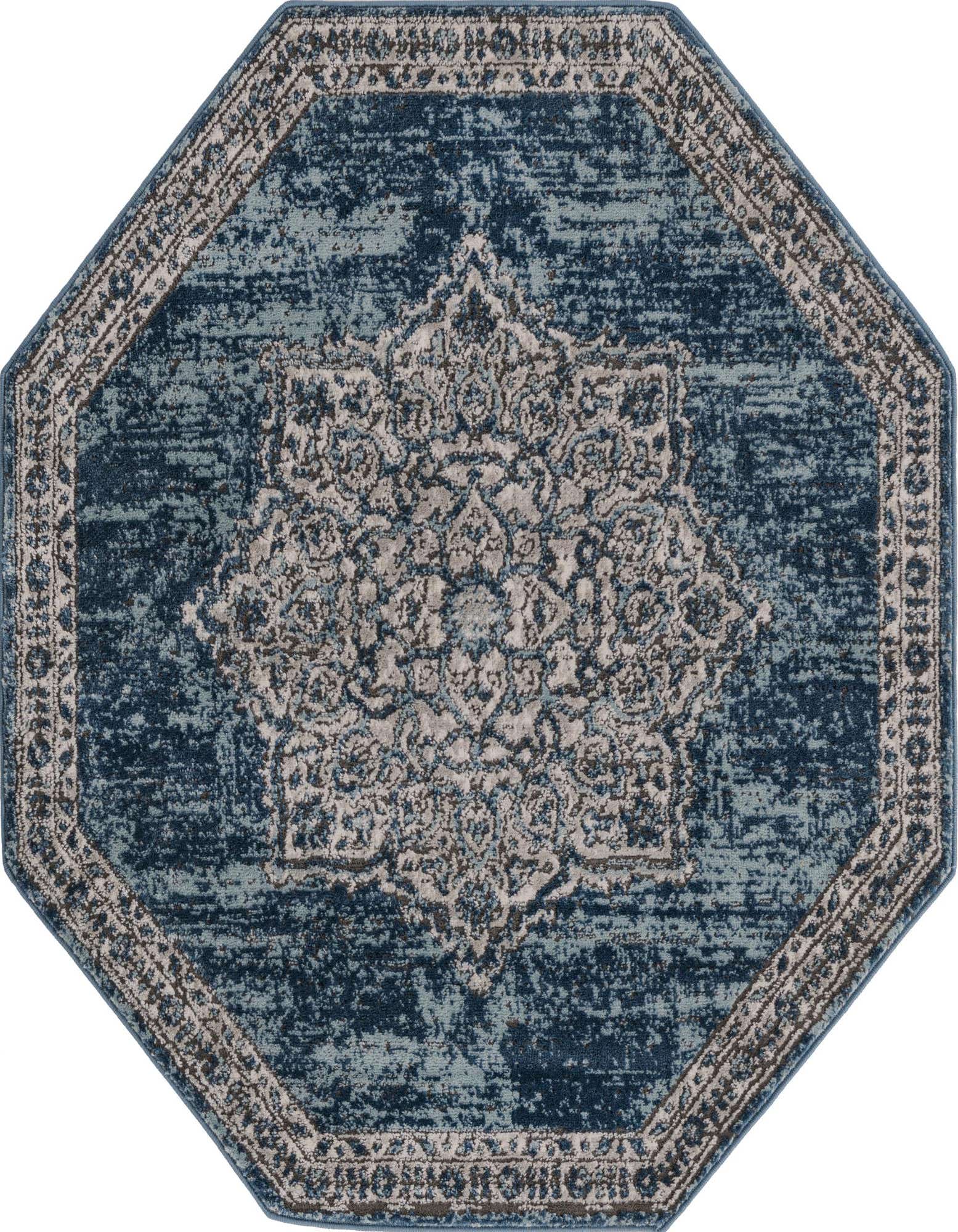 A 4' 0 x 4' 0 octagon blue traditional rug with a distressed vintage medallion pattern in shades of blue and cream.