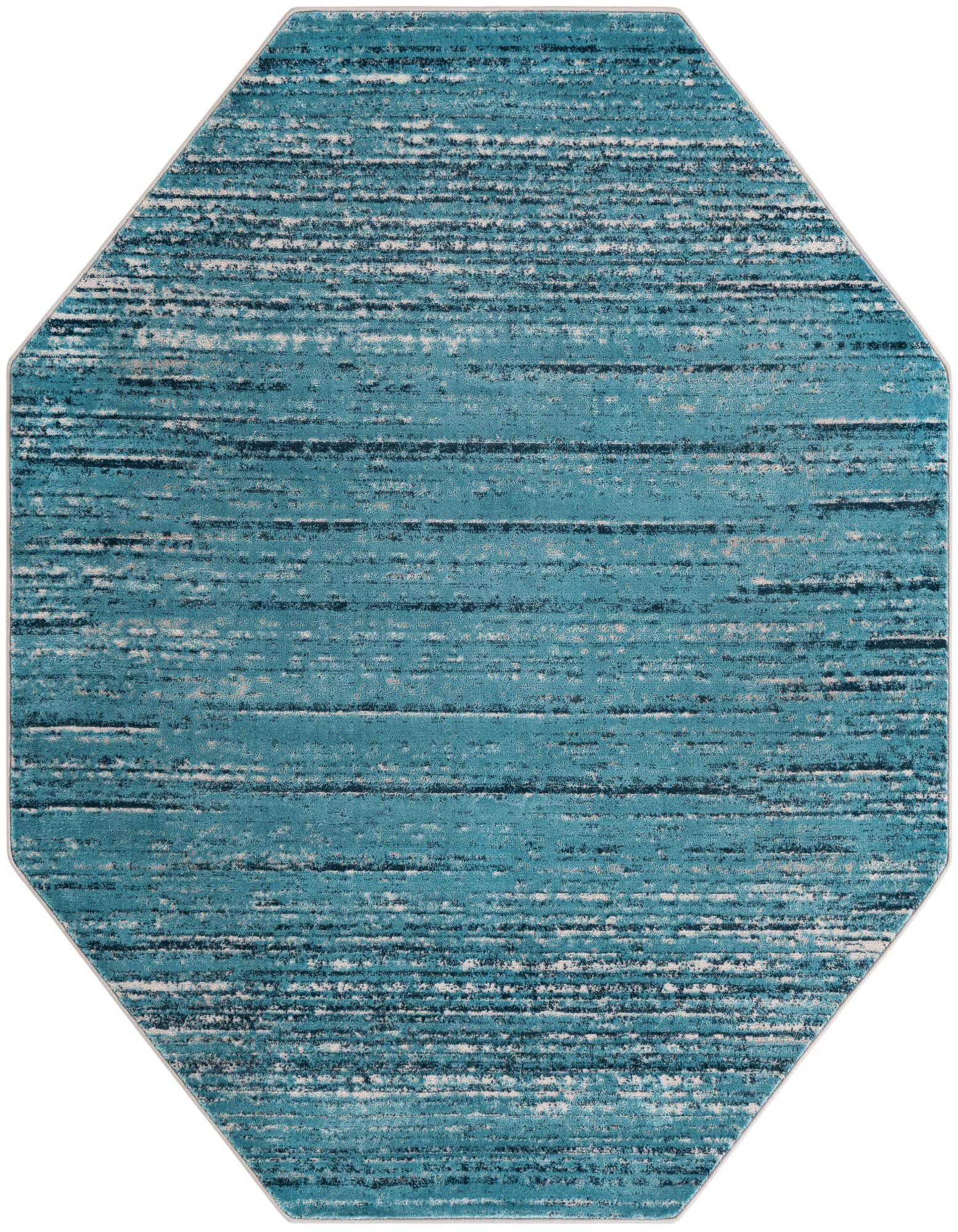 An octagon-shaped Rugs.com Oasis rug, 7'0" x 7'0", featuring a modern coastal design with varying shades of blue and white textured stripes.