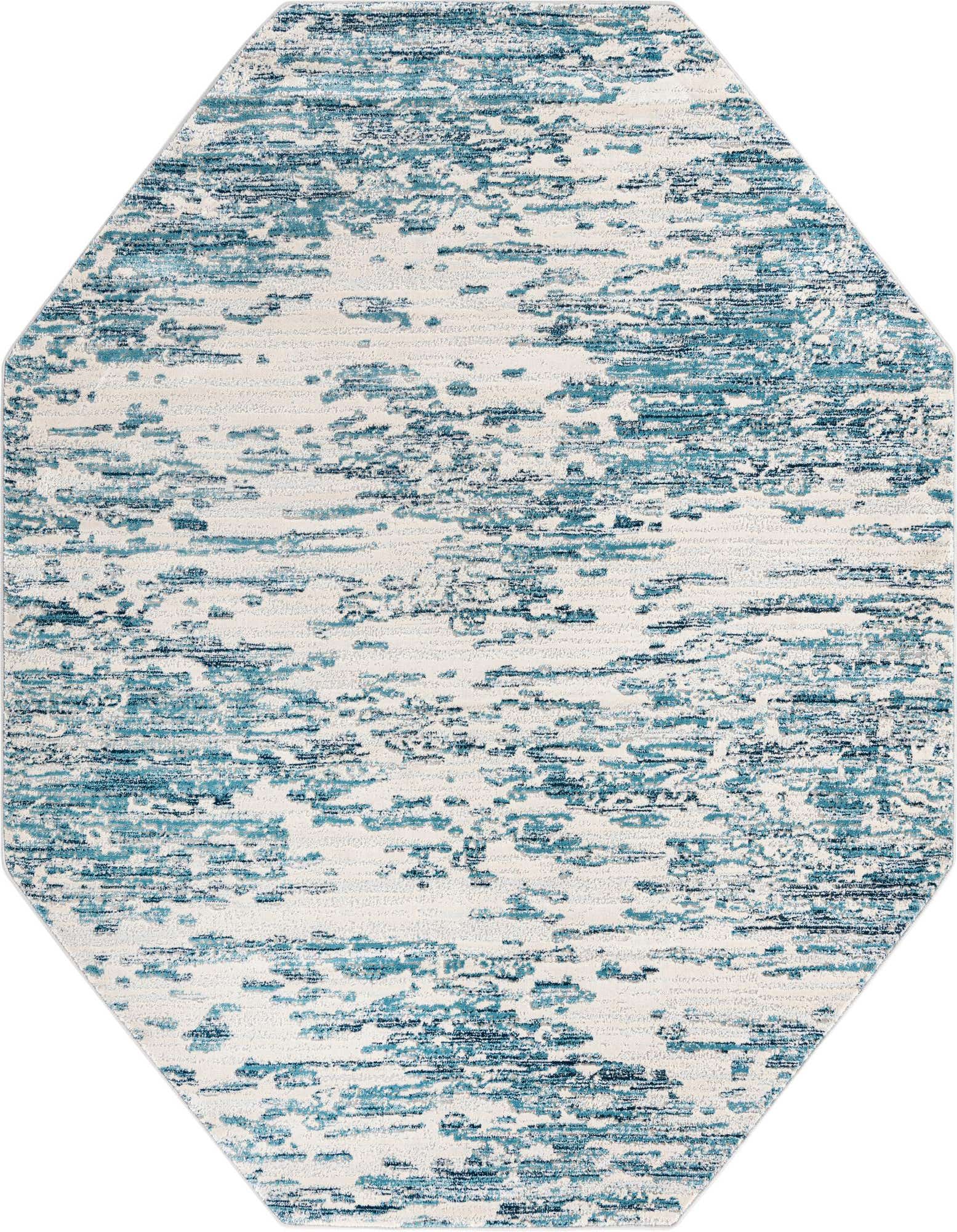 Octagon-shaped rug with an abstract blue and white pattern, resembling ocean waves or distressed texture.